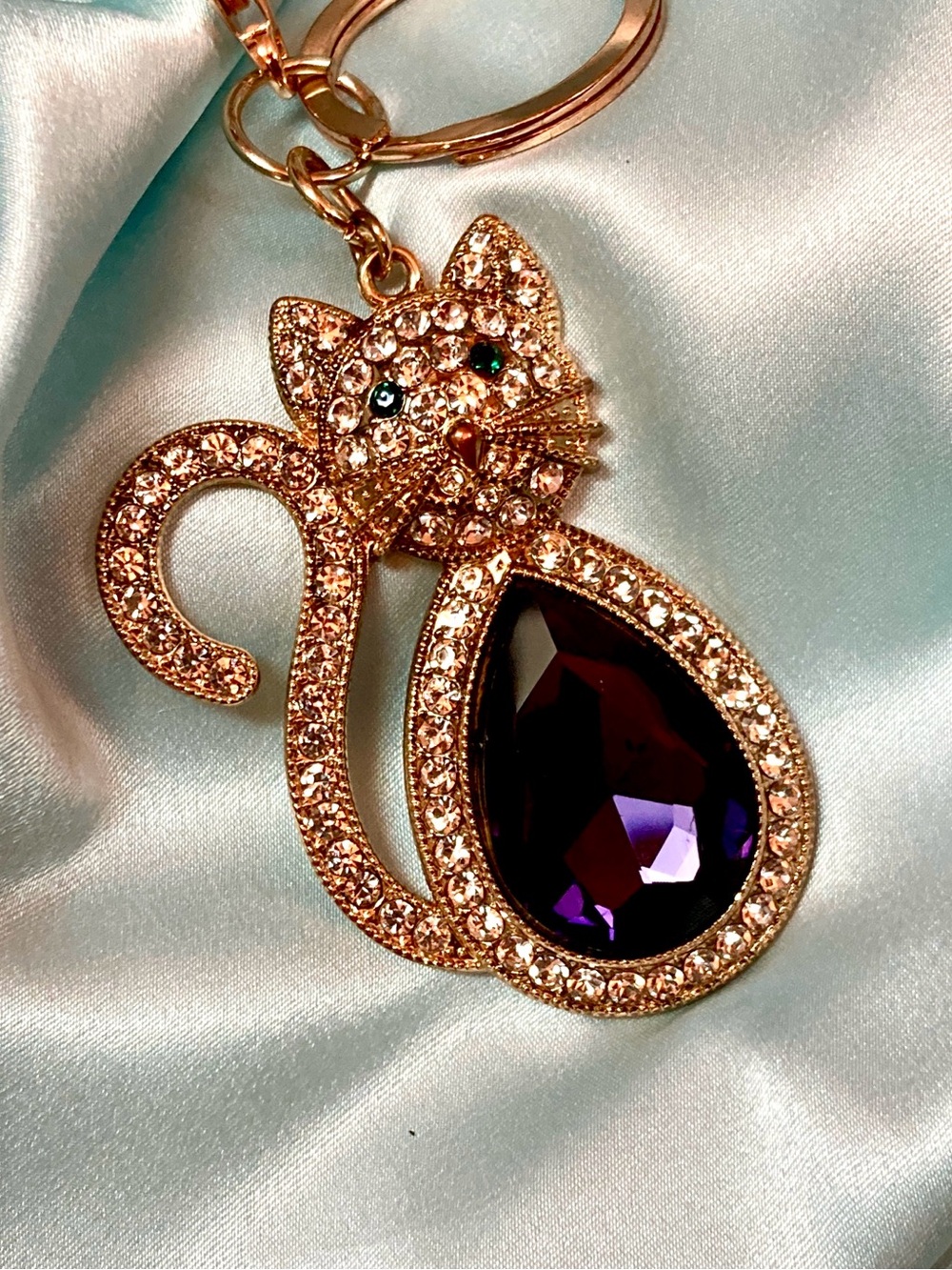 Monet Cat Keychain with Purple Crystal Accent New